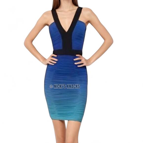 Dress the Population Ombre Ruched Bodycon Mini Dress Blue Teal Mesh Club Size XS - Picture 2 of 12
